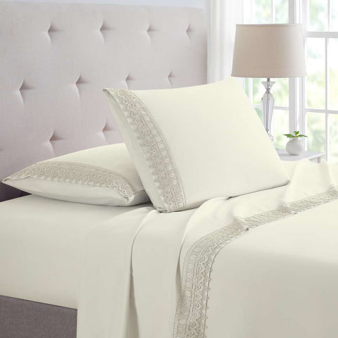 Bamboo Lace Crochet Embroidery 4 Piece Sheet Set